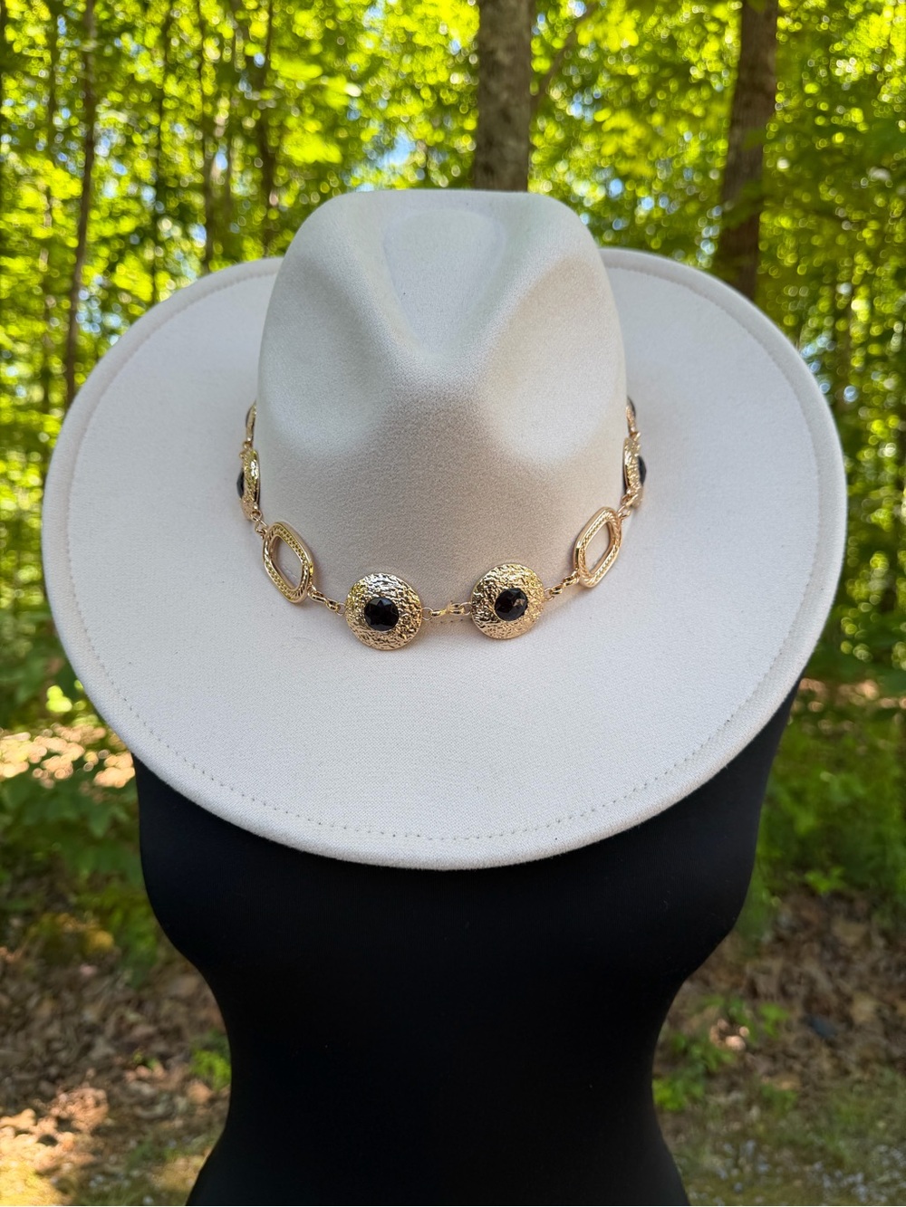 Cream Felt Cowboy Hat with Gold & Black Chain Accent